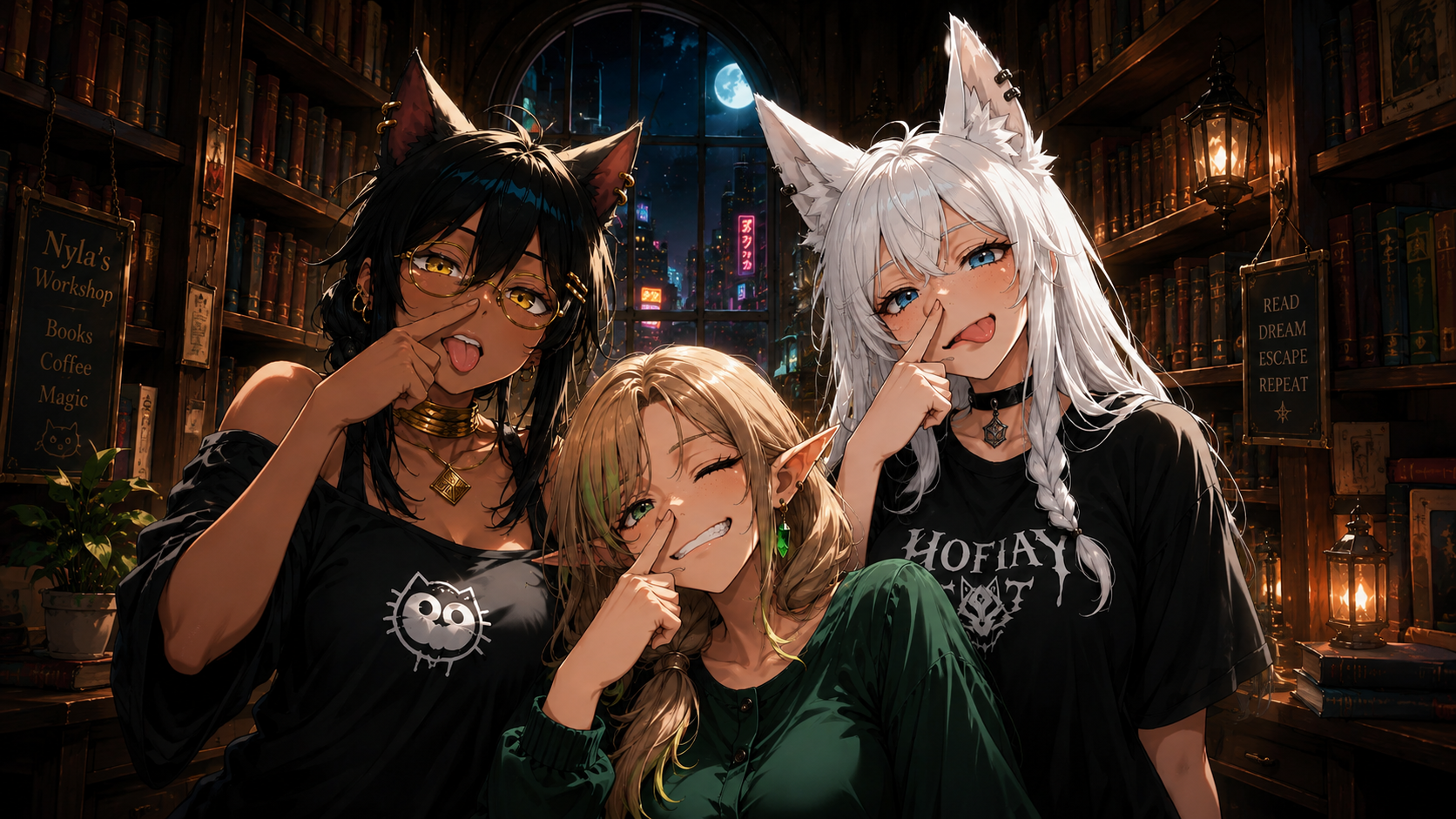 Nyla, Tsuki and Elowen together in the bookshop, making a hush gesture.