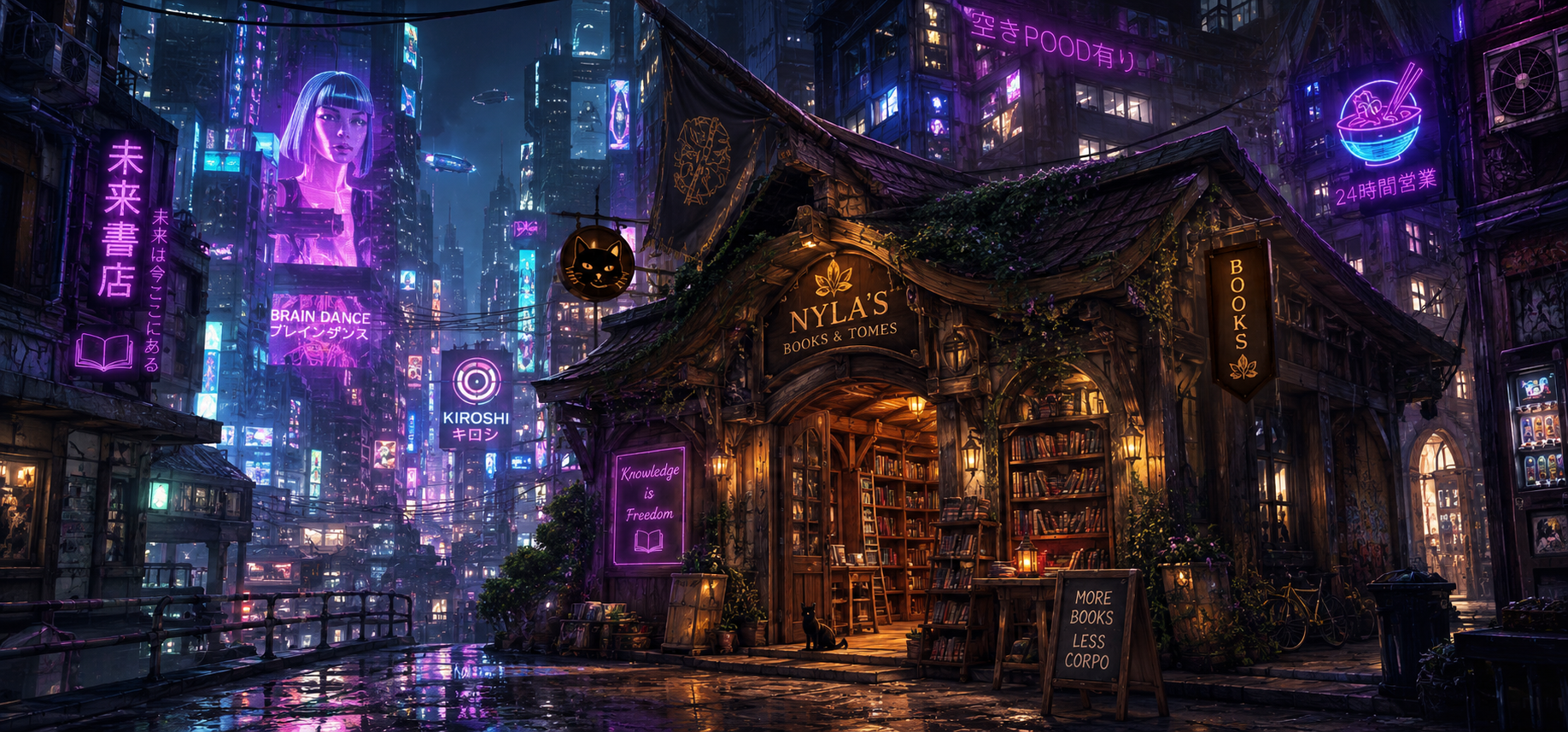 Nyla's Books & Tomes: a timber bookshop of warm lamps, hidden among neon towers and wet streets.