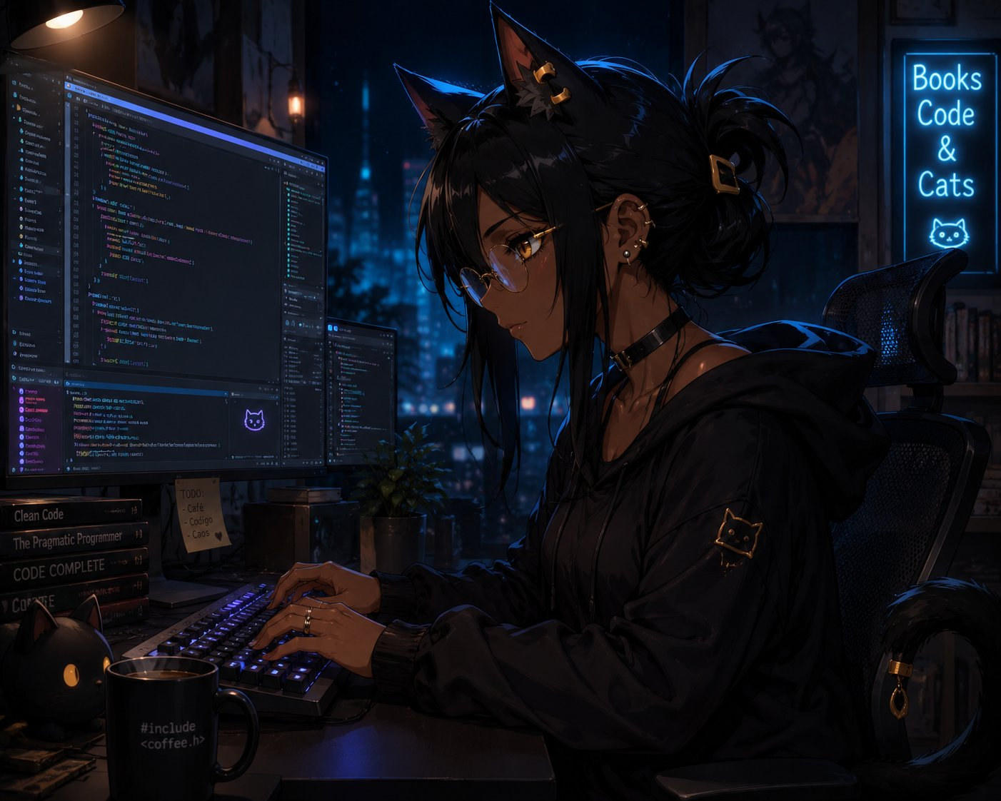 Nyla coding at night, with coffee, a screen full of code, and a neon sign that reads Books, Code & Cats.