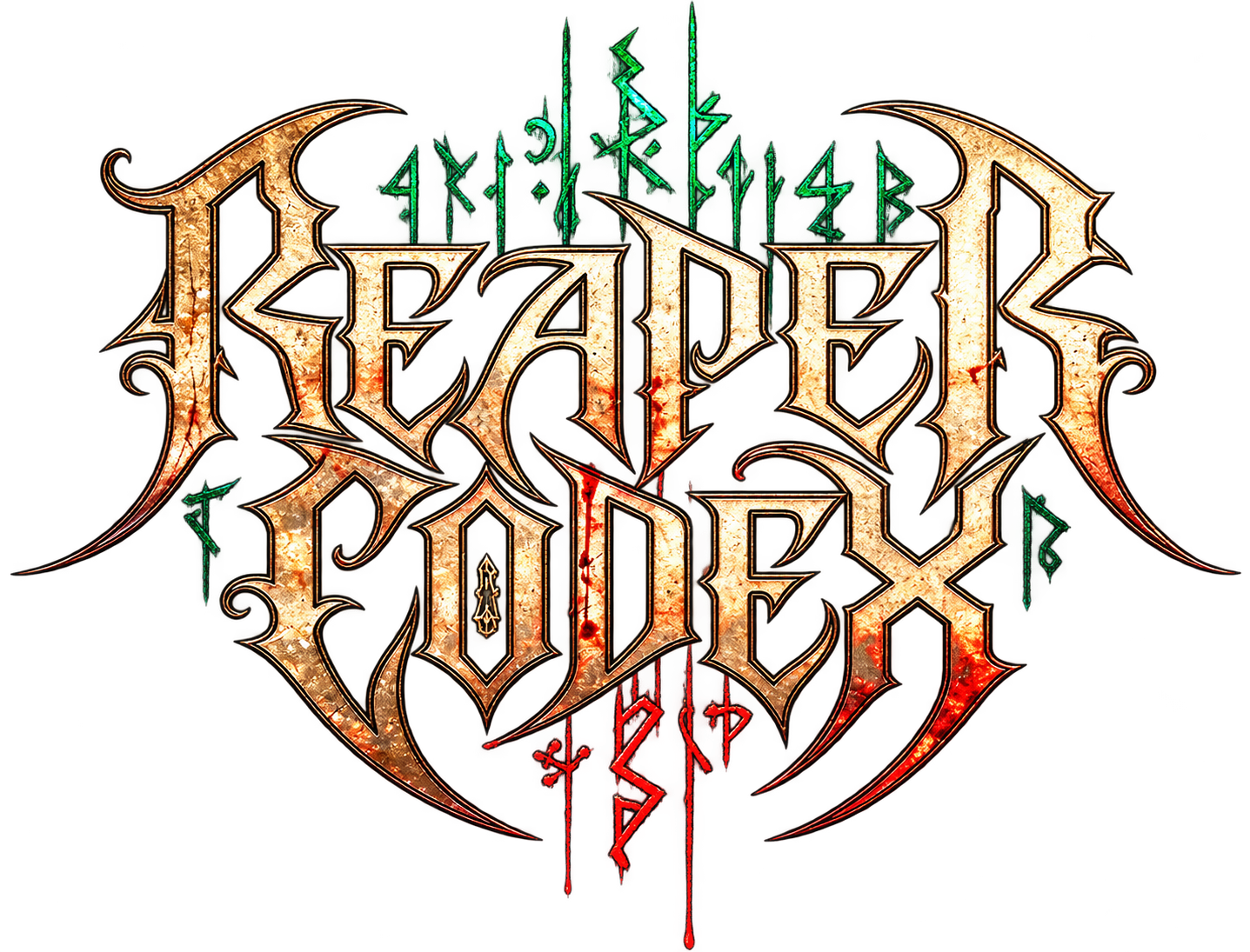 Reaper Codex logo: gold and blood gothic lettering, with green runes behind it.