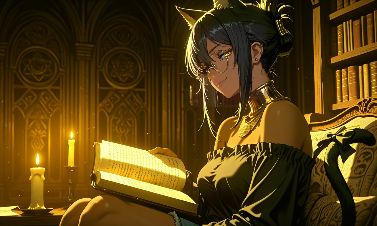 Nyla reading a volume by candlelight in the bookshop